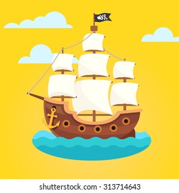 Pirate ship with white sails and black scull and crossed bones flag. Flat style vector icon.