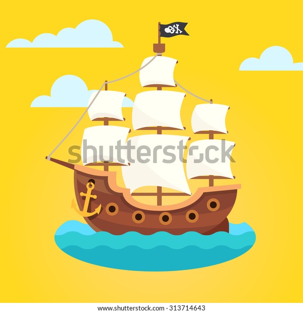 白い帆と黒いカモメと交差した骨の国旗を持つ海賊船 フラットスタイルのベクター画像アイコン のベクター画像素材 ロイヤリティフリー