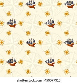 Pirate Ship and wind rose. Nautical Collection. Seamless background pattern. Vector illustration