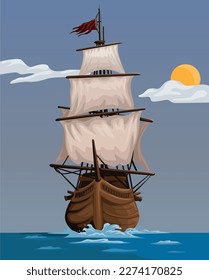 Pirate Ship Wooden Ancient Watercraft Cartoon illustration Vector