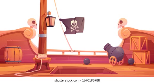 Pirate Ship Wooden Deck Onboard View, Boat With Cannon, Wood Boxes And Barrel, Hold Entrance, Mast With Ropes, Lantern And Skull Buccaneer Flag Isolated On White Background Cartoon Vector Illustration