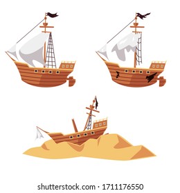 Pirate ship wreck process set - new boat with black flag, old and broken sailboat and shipwreck parts on sand. Flat isolated vector illustration collection of ship run aground.