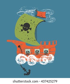 Pirate ship/hand drawn vector illustration/can be used for kid's or baby's shirt design/textile print /fashion graphic/kids wear/tee