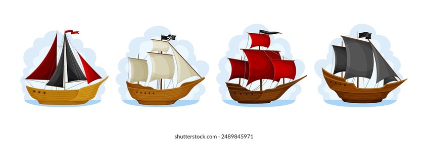 Barcos piratas con conjunto de Vector de velas negras y rojas