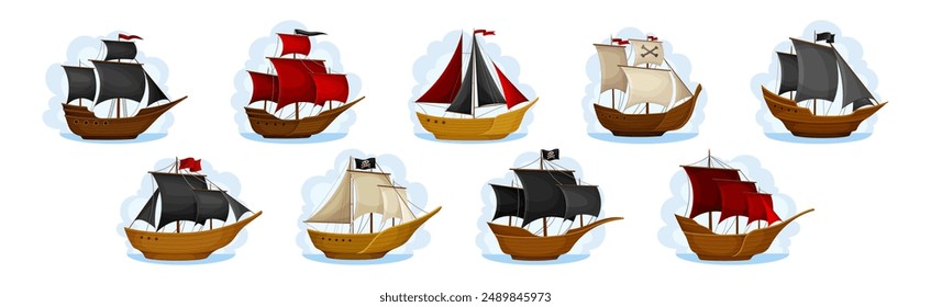 Barcos piratas con conjunto de Vector de velas negras y rojas