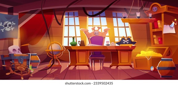 Cabina de barcos piratas. Interior capitan con mesa y mesa de madera, bandera con jolly roger y globo. Habitación con mobiliario, sombrero cocido, arca de tesoros dorados y cunas. Dibujo vectorial plano de dibujos animados