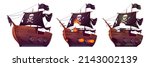 Pirate ships isolated on white background. Wooden boats with black sails, shooting cannon and jolly roger flag. Old and new battleship, barge after shipwreck and sea battle Cartoon Vector illustration
