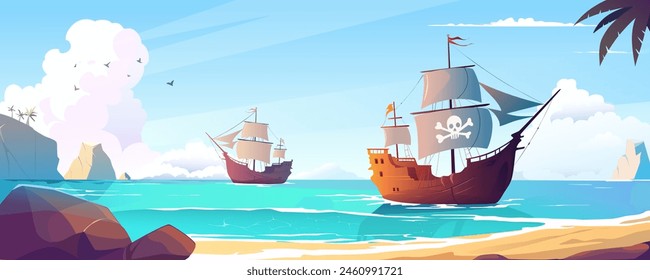 Pirate ships in sea bay background banner in cartoon design. Tropical sand beach landscape with stones, palm trees, ocean coastline and corsair sailboats with skull sail. Vector cartoon illustration