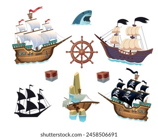 Barcos piratas listos. Conjunto de Elementos para el juego. Caricatura, Vector.