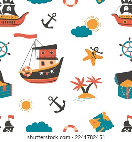 Pirate ships, ship wheel, palm island isolated elements. Childish sea pirates seamless pattern. Ocean adventures, travel vector textile print
