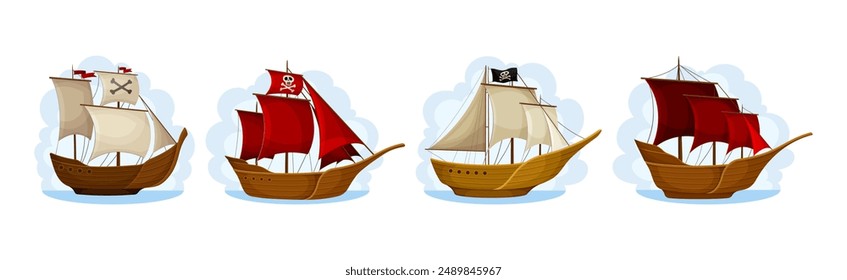 Barcos piratas con conjunto de Vector de velas blancas y rojas