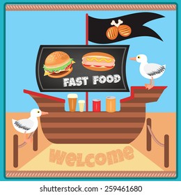 Pirate Ship-snack, Hot Dog and Hamburger, Fried Chicken legs, Coffee and Drinks menu