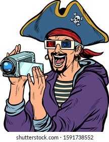 pirate shoots and watches adventure movies. Pop art retro vector illustration kitsch vintage 50s 60s