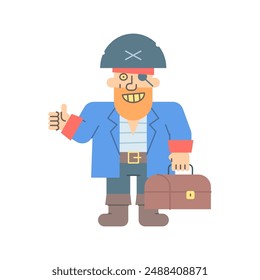 Pirate shows thumbs up holding suitcase and smiling. Vector character