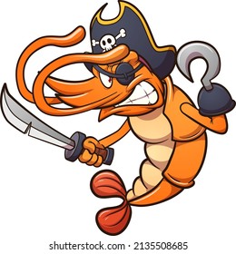 Pirate shrimp character with hook hand and sword. Vector illustration with simple gradients. All on a single layer. 
