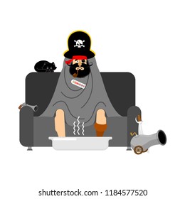 Pirate sick sitting in armchair wrapped in blanket. Filibuster illness sneezing. Unhappy buccaneer flu sitting on sofa. vector illustration