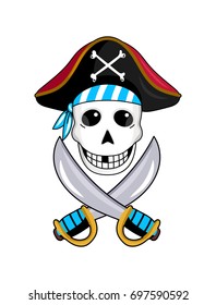 Pirate sign with skull and crossed swords icon. Children drawing of pirate concept vector illustration isolated on white background.
