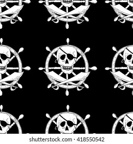 Pirate sign with skull and sabers with a helm on background. Seamless pattern
