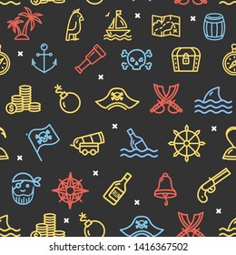 Pirate Signs Seamless Pattern Background on a Black for Adventure Game or Quest Ad Promotion. Vector illustration