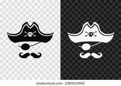 Icono de silueta pirata, signo de glifo vector. Símbolo pirata aislado sobre fondo oscuro y transparente claro.