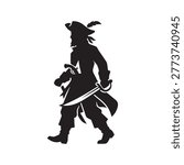 Pirate silhouette with sword and hat isolated vector character design