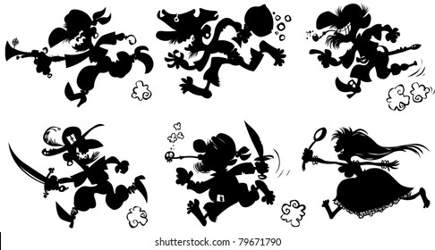 Siluetas piratas corriendo.