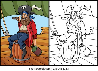 Sentado En Pirata En Una Ilustración De Colores De Barriles