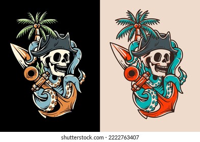 pirate skeleton with a kraken illustration