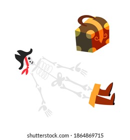 Pirate skeleton lying near closed treasure chest. Piratic dead sailor on ground, chest with money or gold on white background. Adventure and marine piracy vector illustration.