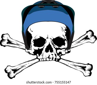 Pirate skeleton wear blue helmet.