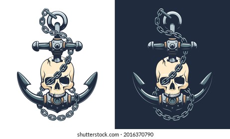 Pirate skull with anchor and chain. Sailor skeleton emblem. Vector illustartion.