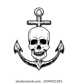 Pirate skull with an anchor. Design element for poster, banner, t shirt. Vector illustration