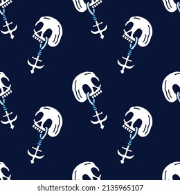 Pirate skull and anchor on black background seamless pattern. Modern vintage, pop art style seamless pattern concept.