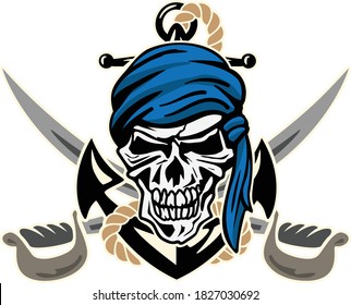 Pirate Skull with Anchor, Rope and Crossed Swords Isolated Vector Illustration