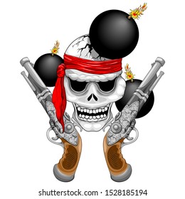 Pirate Skull with Ancient Guns and Explosive Cannonballs Vector Illustration
