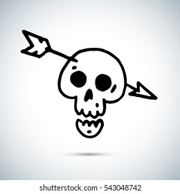 Pirate skull with arrow in head freehand drawing vector illustration