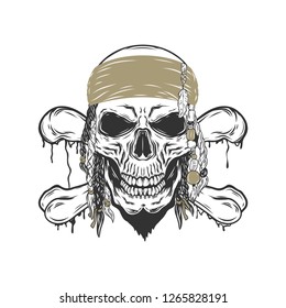 Pirate skull with bandana isolated on white background. Vector illustration.