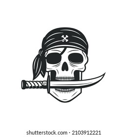 Pirate skull with bandana and knife. Pirate logo. Vector illustration