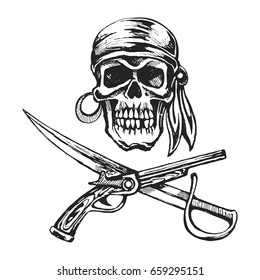 Pirate skull bandanna. Musket and cutlass. Illustration sketch vector stock.