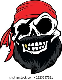 Pirate Skull with Beard, Bandana, Eye Patch and Smiling to show his Gold Tooth