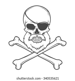 Pirate skull with beard, eye patch and crossed bones vector. Edward Teach portrait. Corsair logo template. Filibuster t-shirt insignia design.