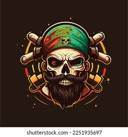 Calavera pirata con barba, bigote y cabezal, esporta diseños de mascota, logotipo de juegos, ilustración