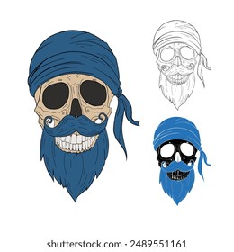 Pirate skull, bearded and mustached  flat style