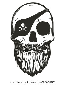 Pirate skull with beards and mustache wearing eye patch