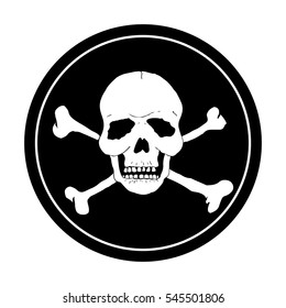 Pirate skull and bones on a black round background. Pirate black mark. Vector illustration