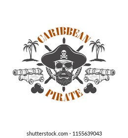 Pirate skull and cannons. Design element for poster, greeting card, banner, t shirt, flyer, emblem. Vector illustration
