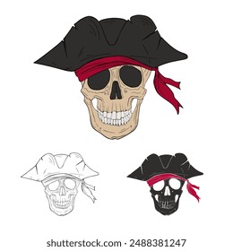 Pirate skull captain hat  flat style