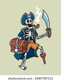 Pirate skull carrying treasure chest illustration