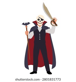 pirate skull character holding bat staff halloween day celebration