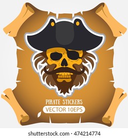 Pirate skull in a cocked hat. Vector stickers on the pirate theme.